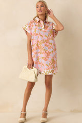 Need A Change Pink Coral Floral Print Cotton Mini Shirt Dress