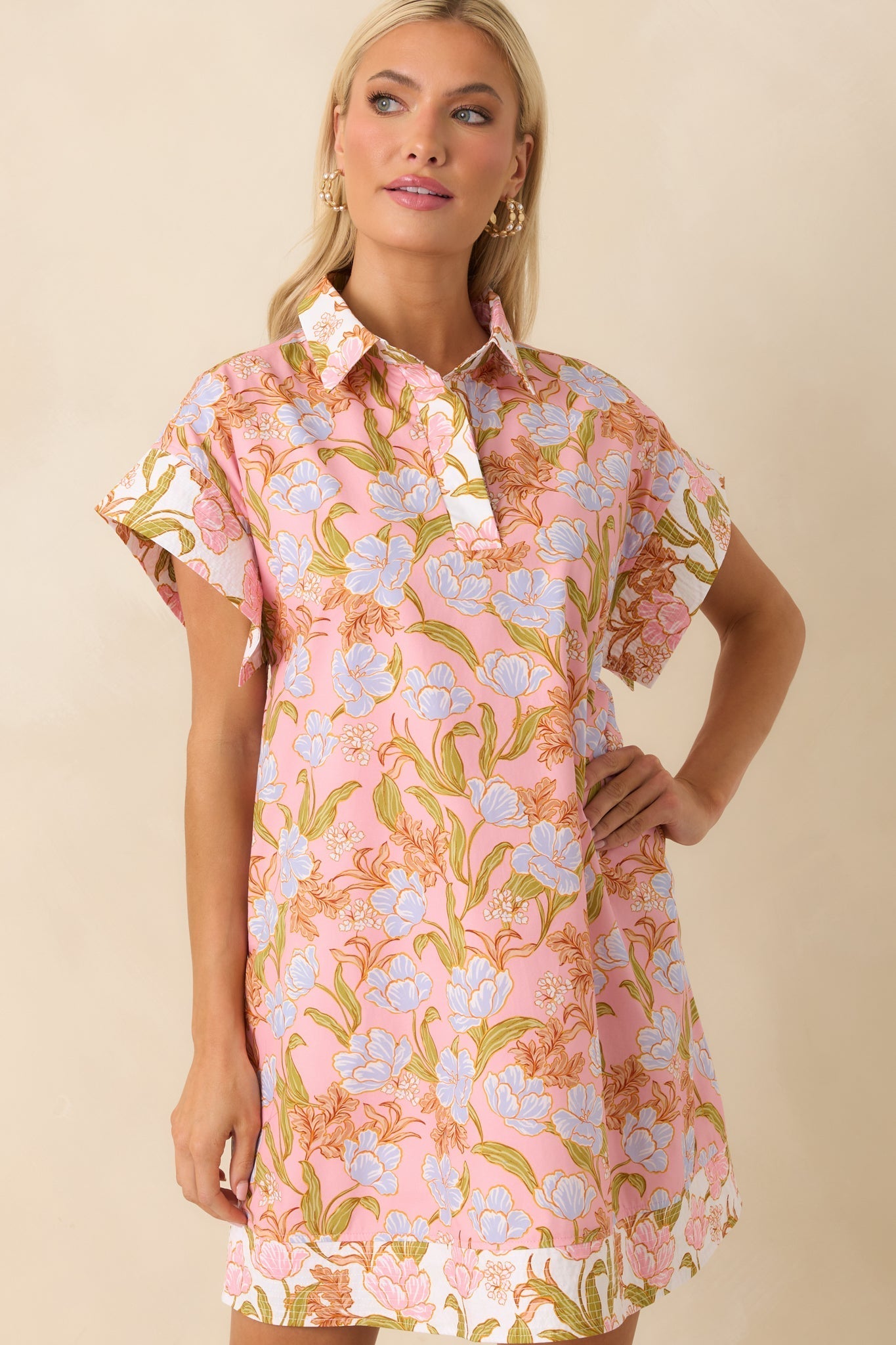 Need A Change Pink Coral Floral Print Cotton Mini Shirt Dress