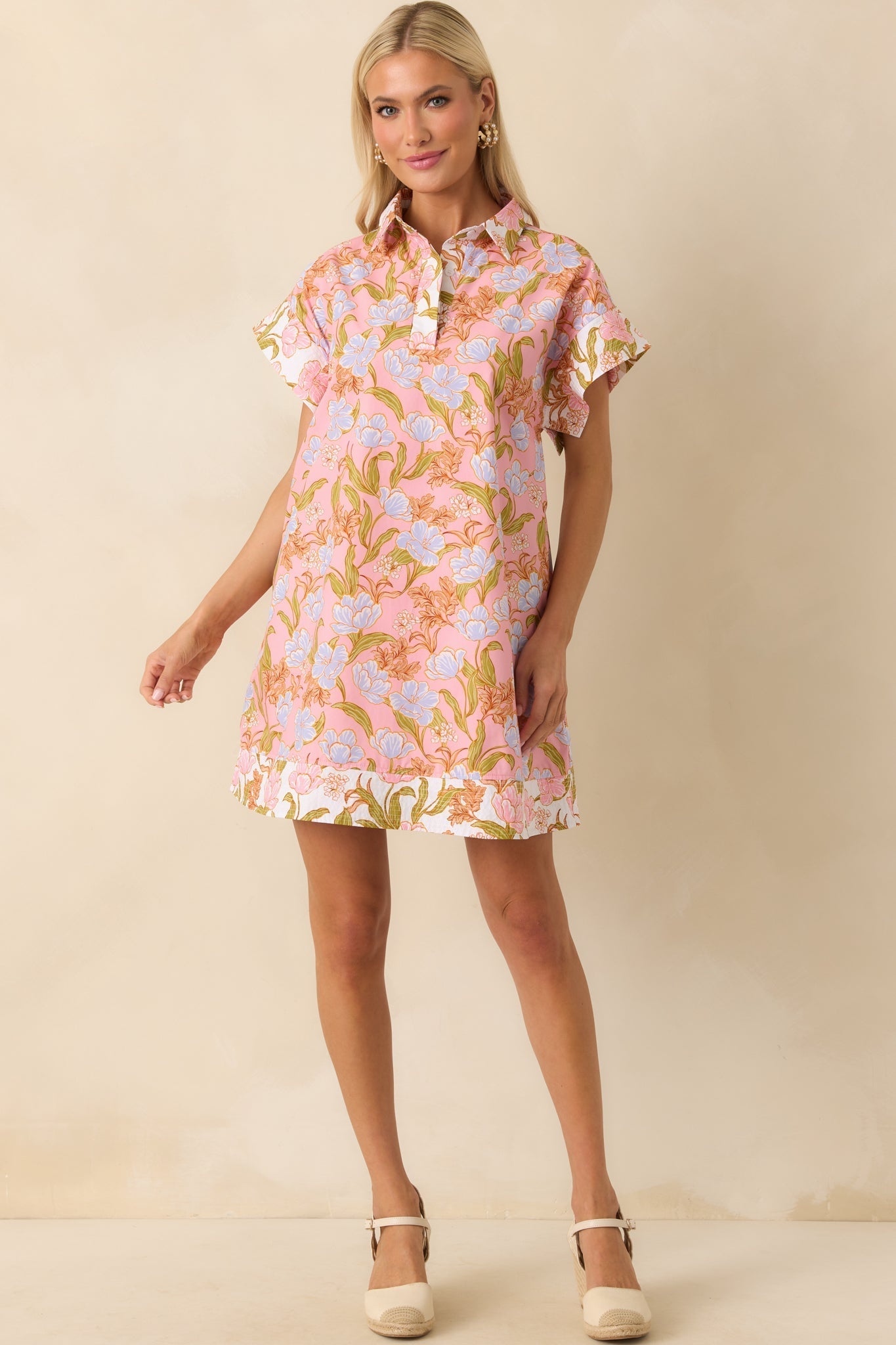 Need A Change Pink Coral Floral Print Cotton Mini Shirt Dress