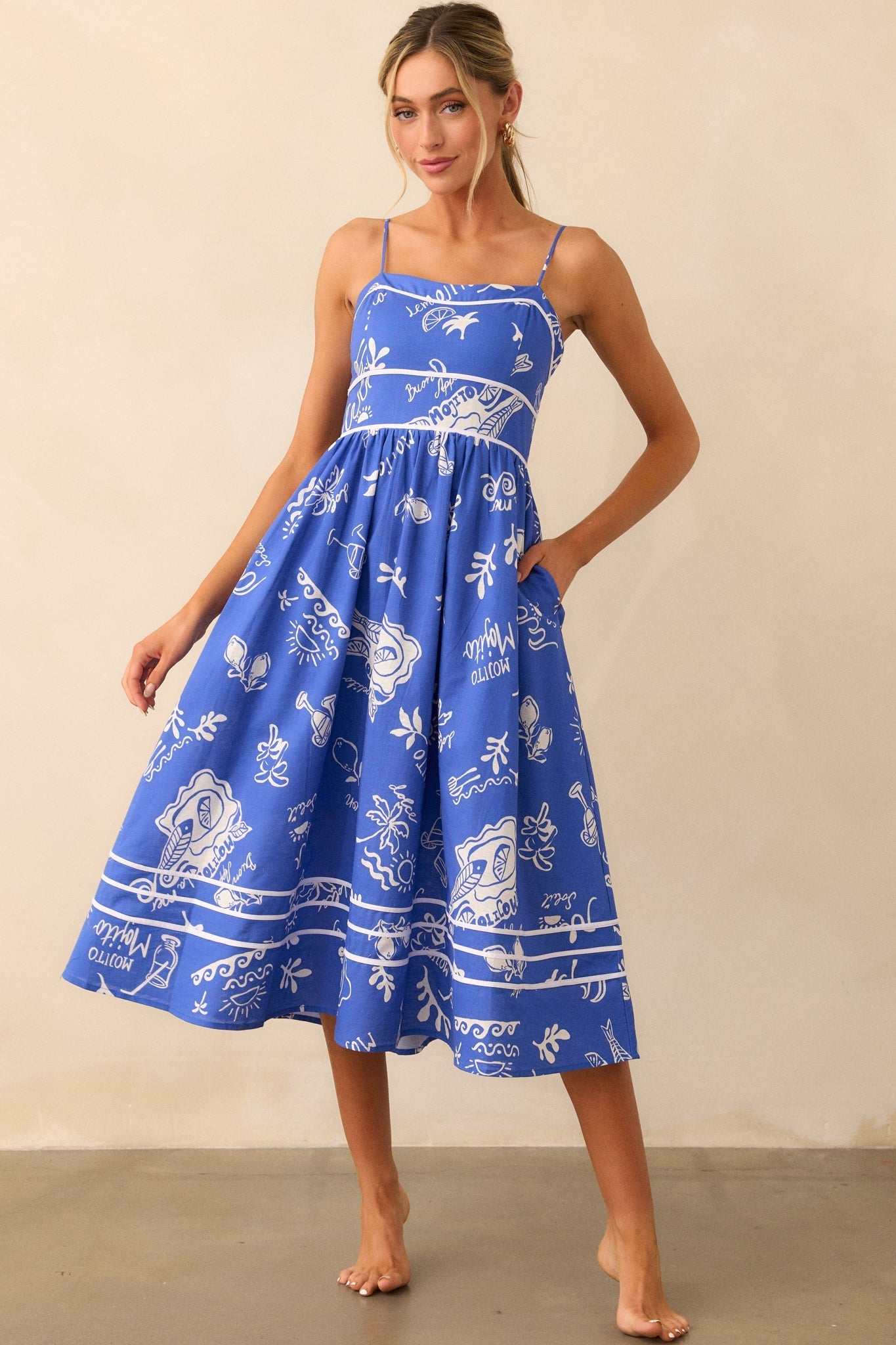 Prosperina Silvia Royal Blue Mojito Print Linen Midi Dress