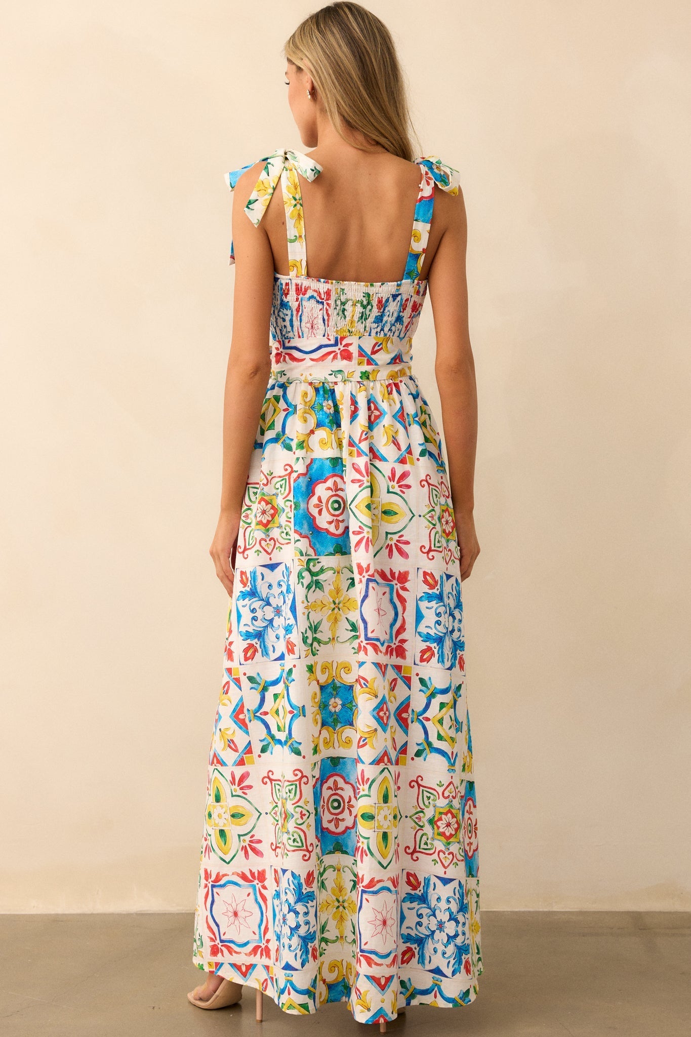 Prosperina Giovanna Blue Multi Sicilian Tile Print Linen Maxi Dress