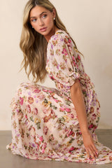 Midnight Train Beige Floral Midi Dress