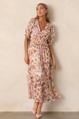 Midnight Train Beige Floral Midi Dress