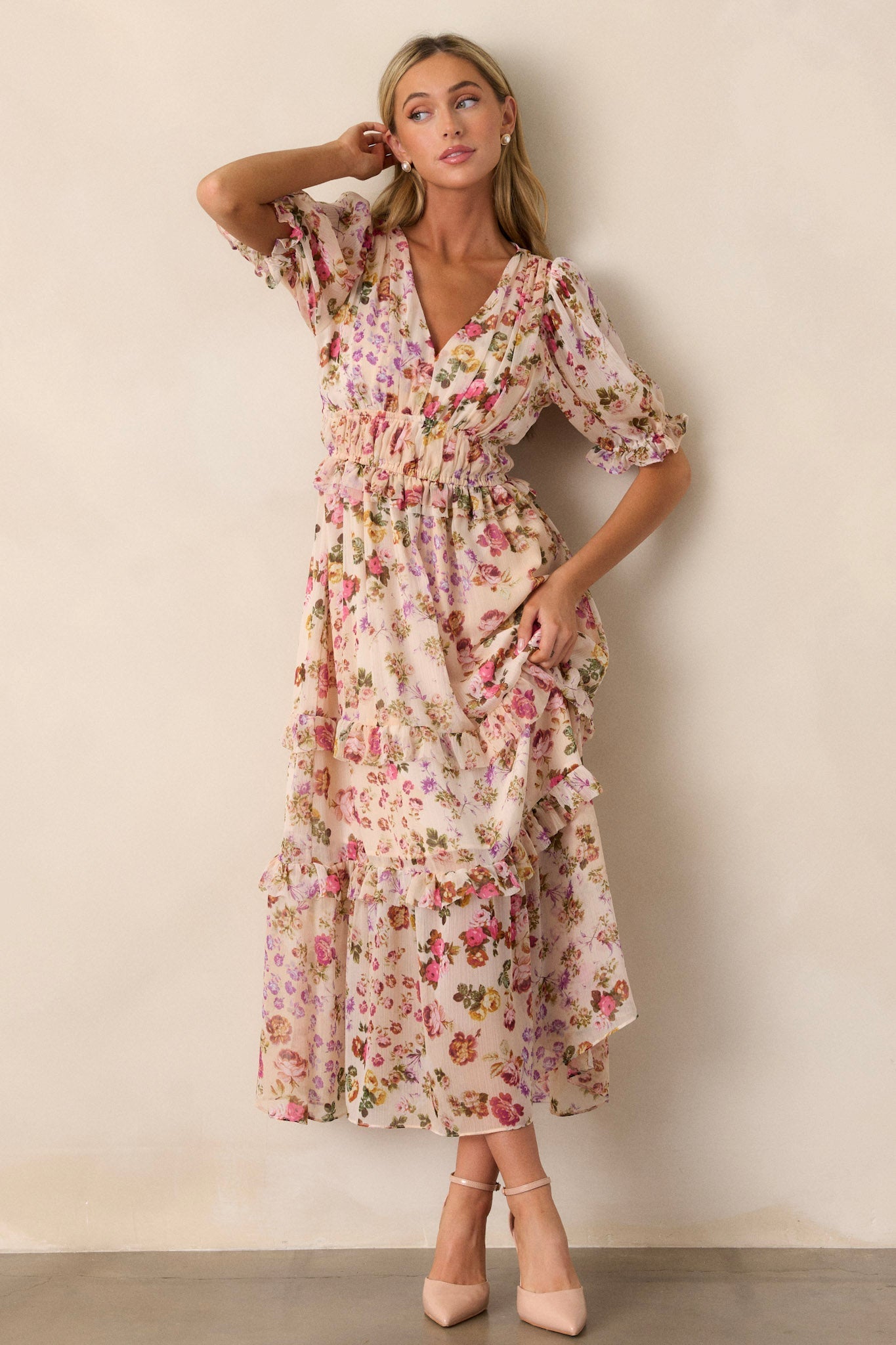Midnight Train Beige Floral Midi Dress