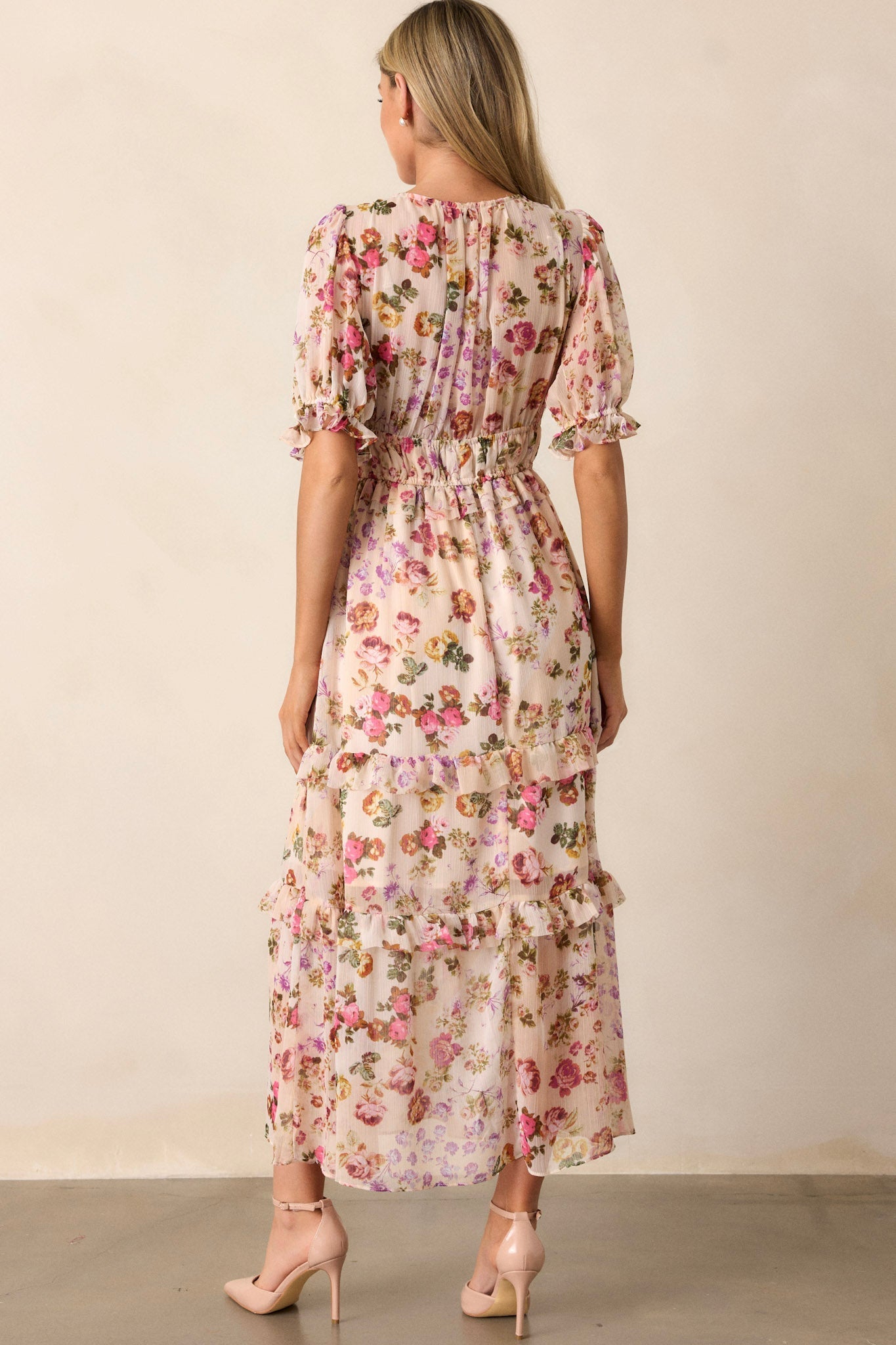 Midnight Train Beige Floral Midi Dress