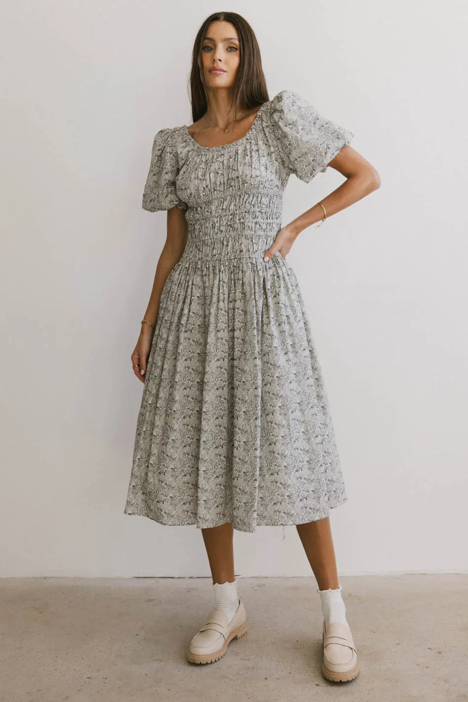 Lucille Smocked Floral Dress in Navy - FINAL SALE