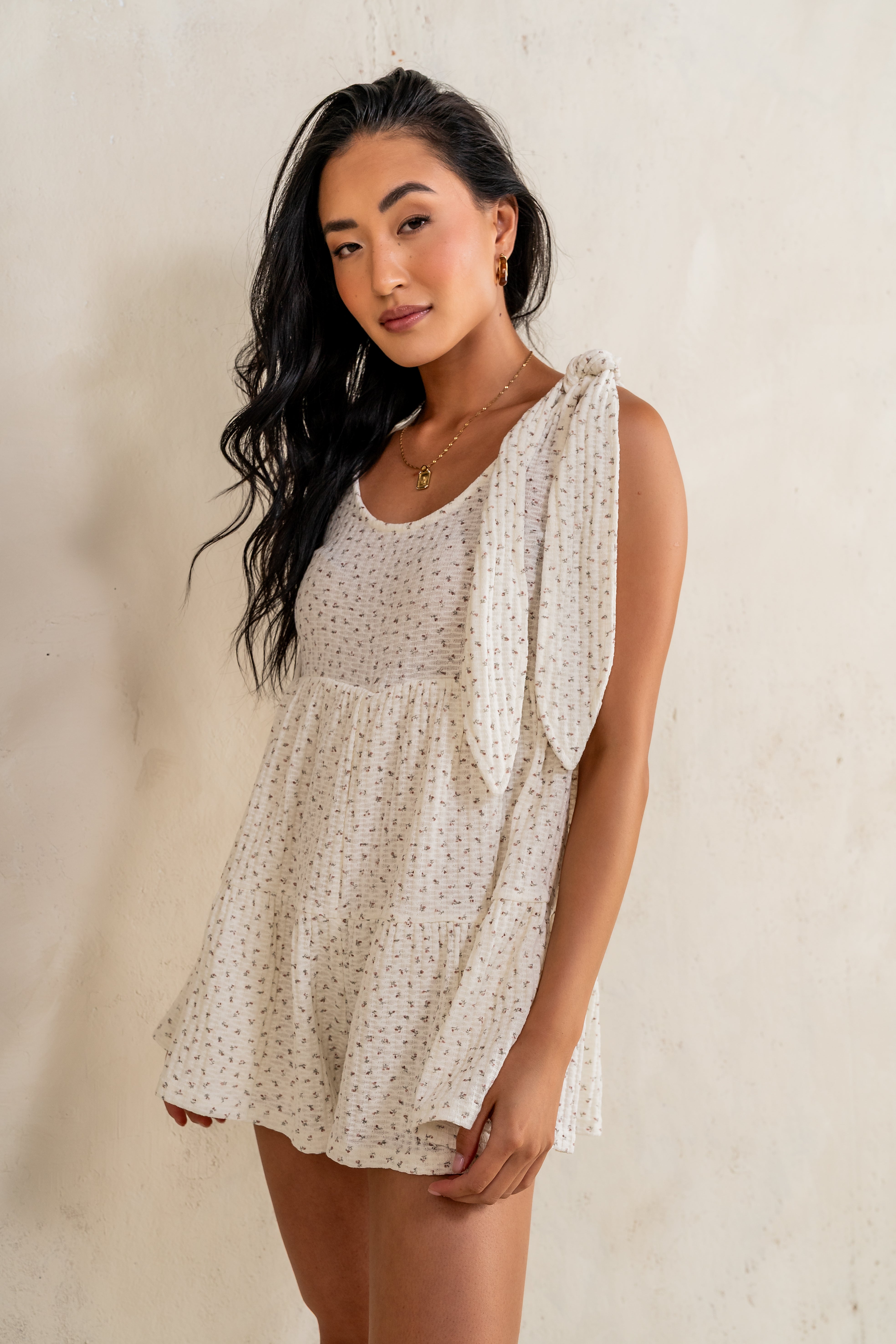 Mary Floral Knit Romper in Ivory