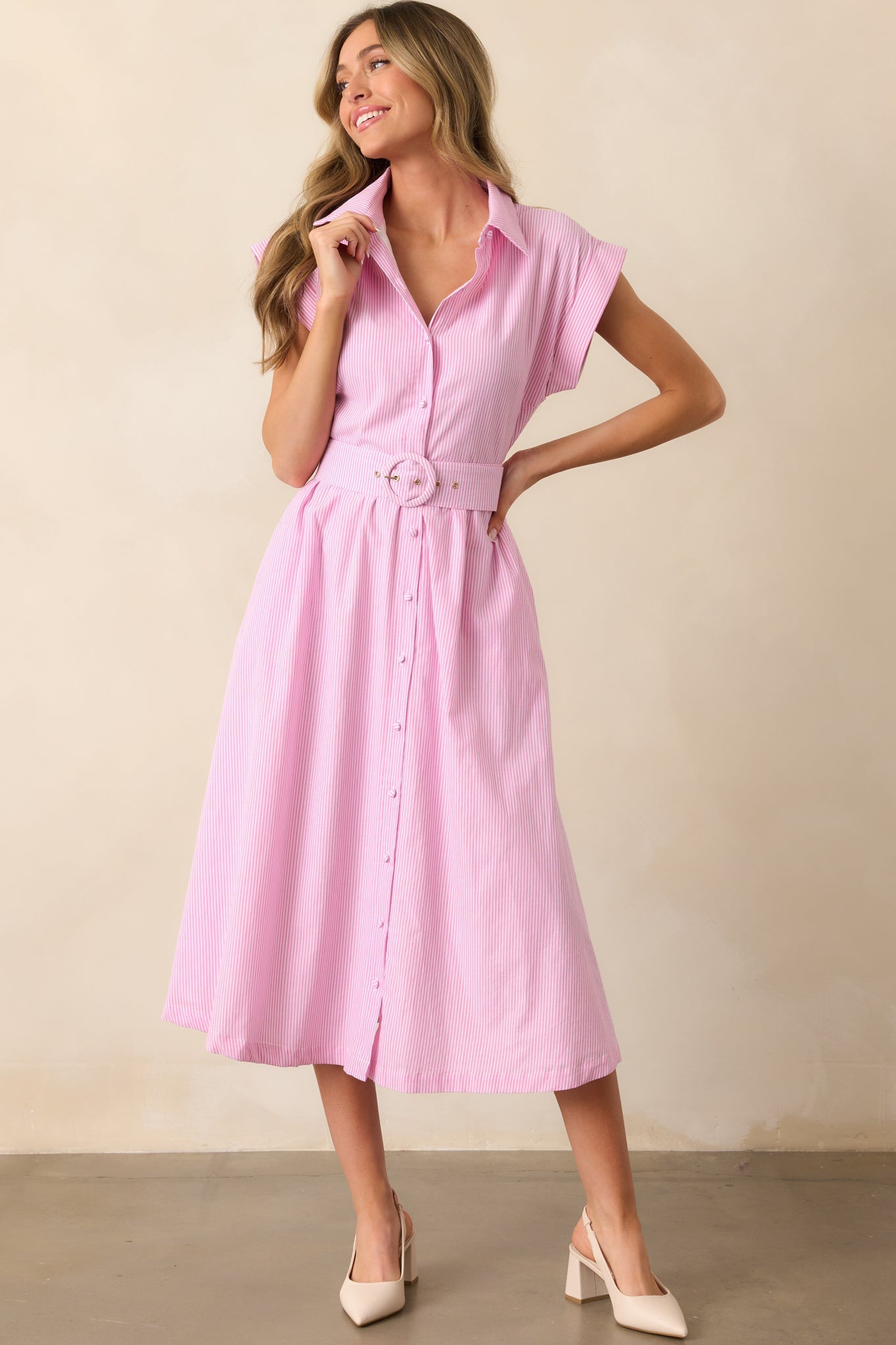 Gia Peony Pink Stripe Belted Cotton Midi Dress