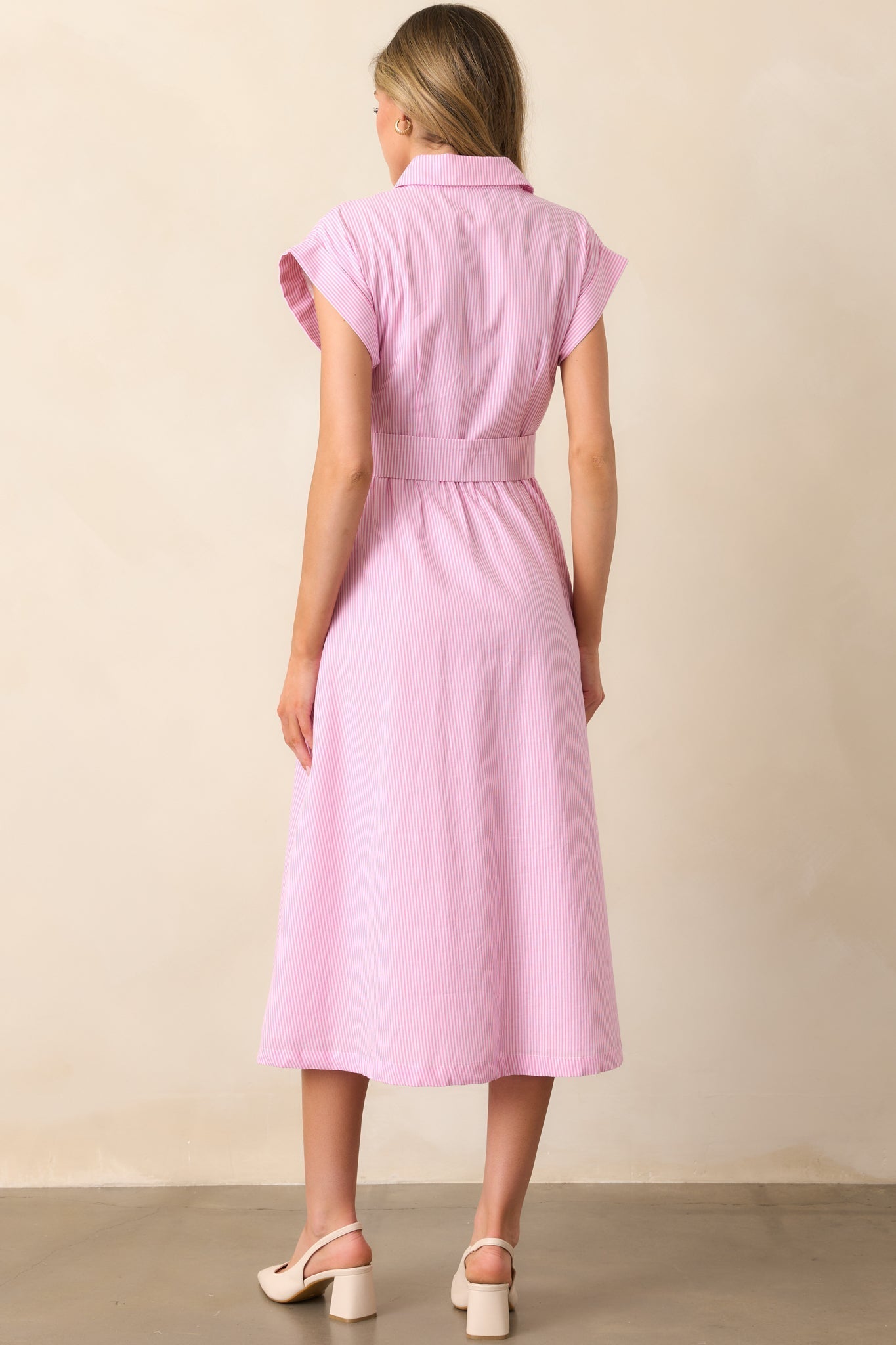 Gia Peony Pink Stripe Belted Cotton Midi Dress