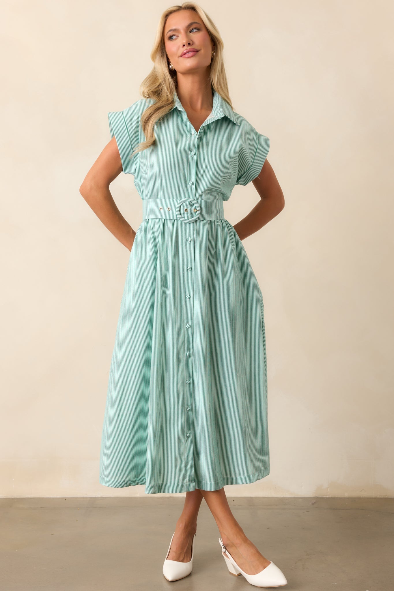 Gia Grass Green Stripe Belted Cotton Midi Dress