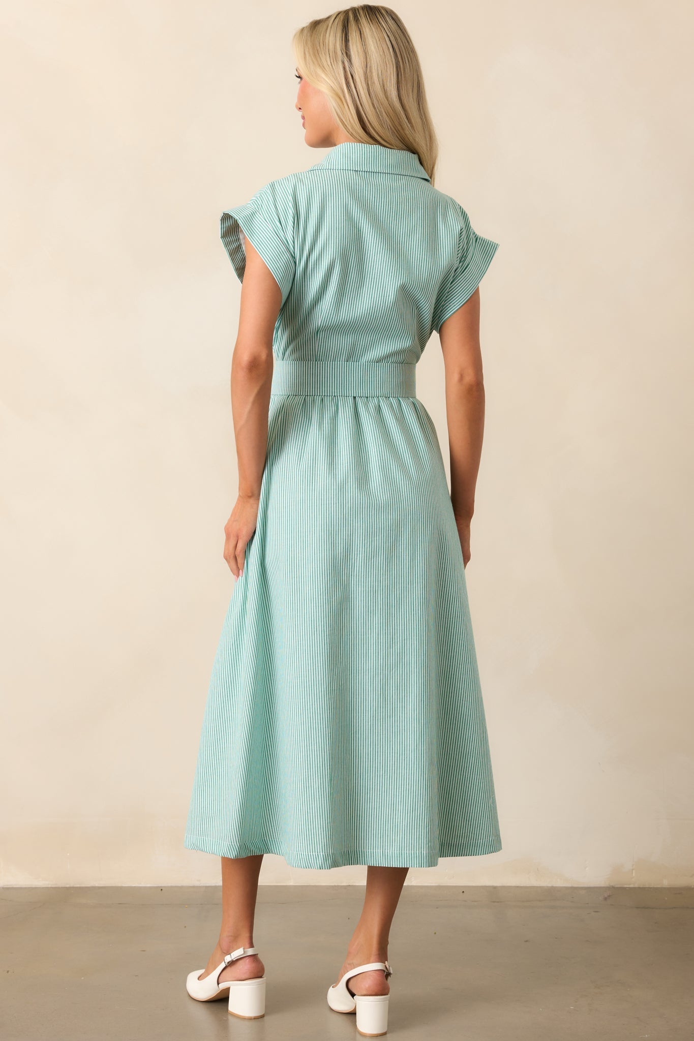 Gia Grass Green Stripe Belted Cotton Midi Dress