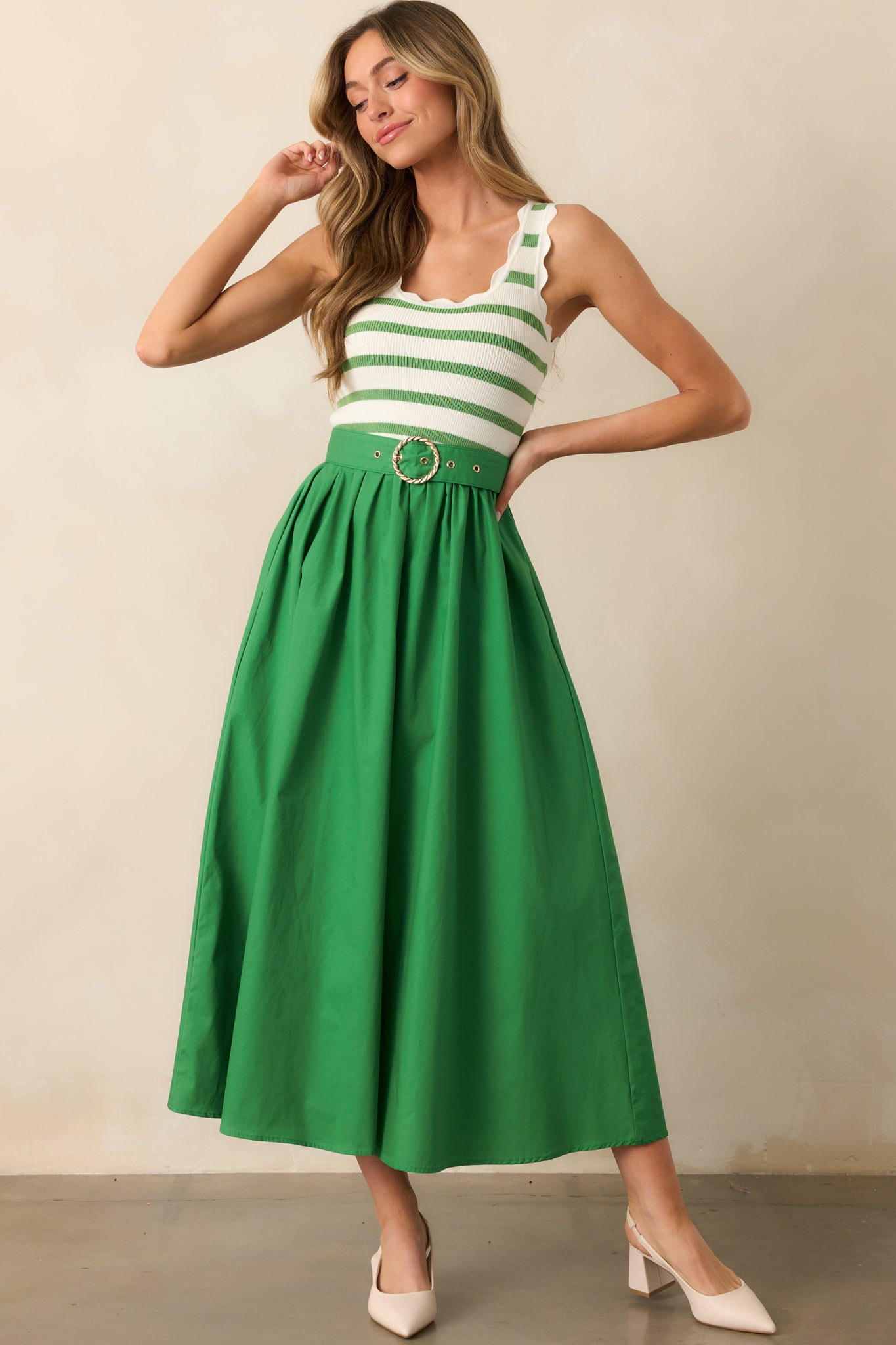 Greer Eden Green Stripe Cotton Midi Dress