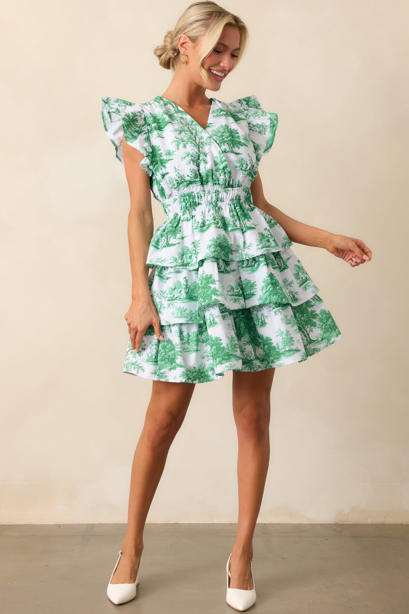 Bridget Eden Green Toile Cotton Ruffle Mini Dress