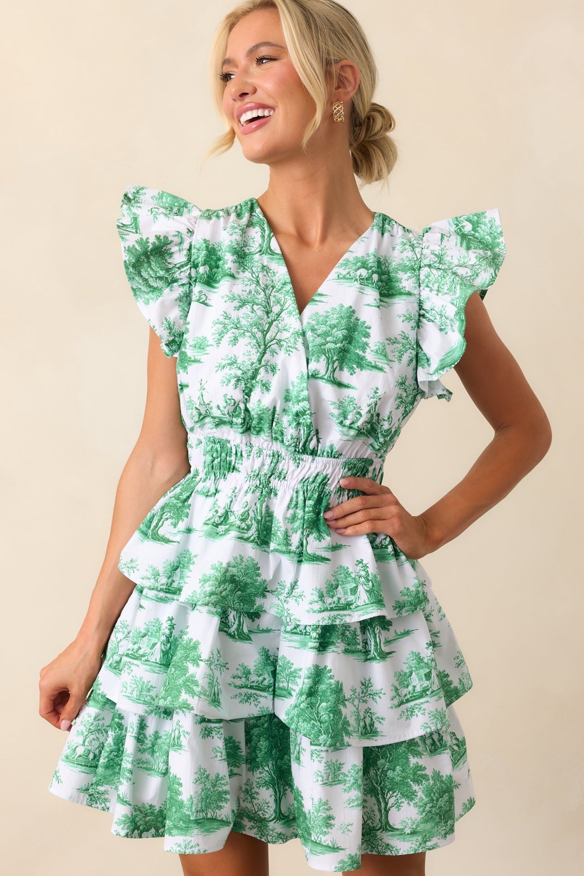Bridget Eden Green Toile Cotton Ruffle Mini Dress