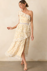Vineyard Stroll Yellow Floral Embroidered One Shoulder Maxi Dress