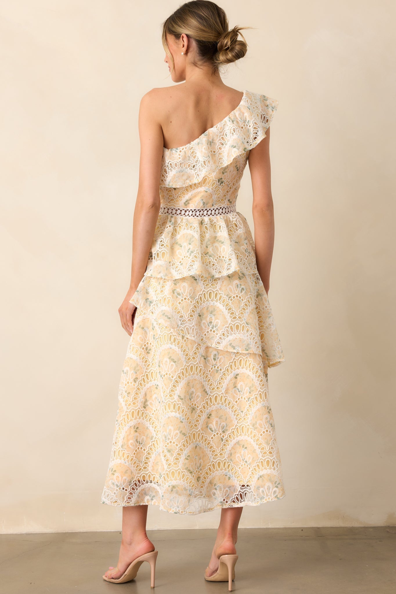 Vineyard Stroll Yellow Floral Embroidered One Shoulder Maxi Dress