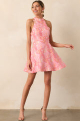 Always Ready Pink Coral Floral Print Jacquard Halter Mini Dress