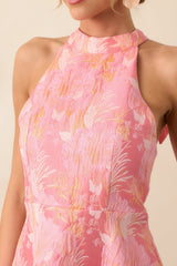 Always Ready Pink Coral Floral Print Jacquard Halter Mini Dress