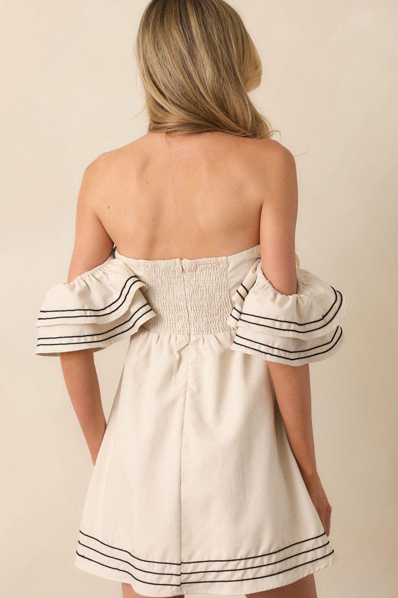 Left An Impression Natural Linen Blend Off The Shoulder Mini Dress