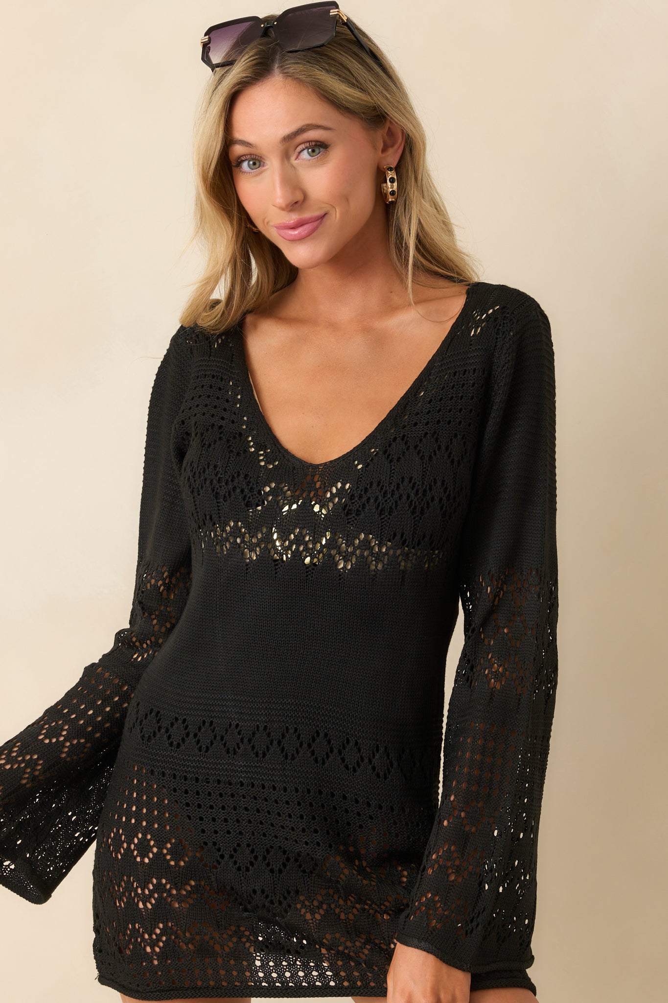 The Breeze In My Hair Black Open Knit Cover Up Mini Dress