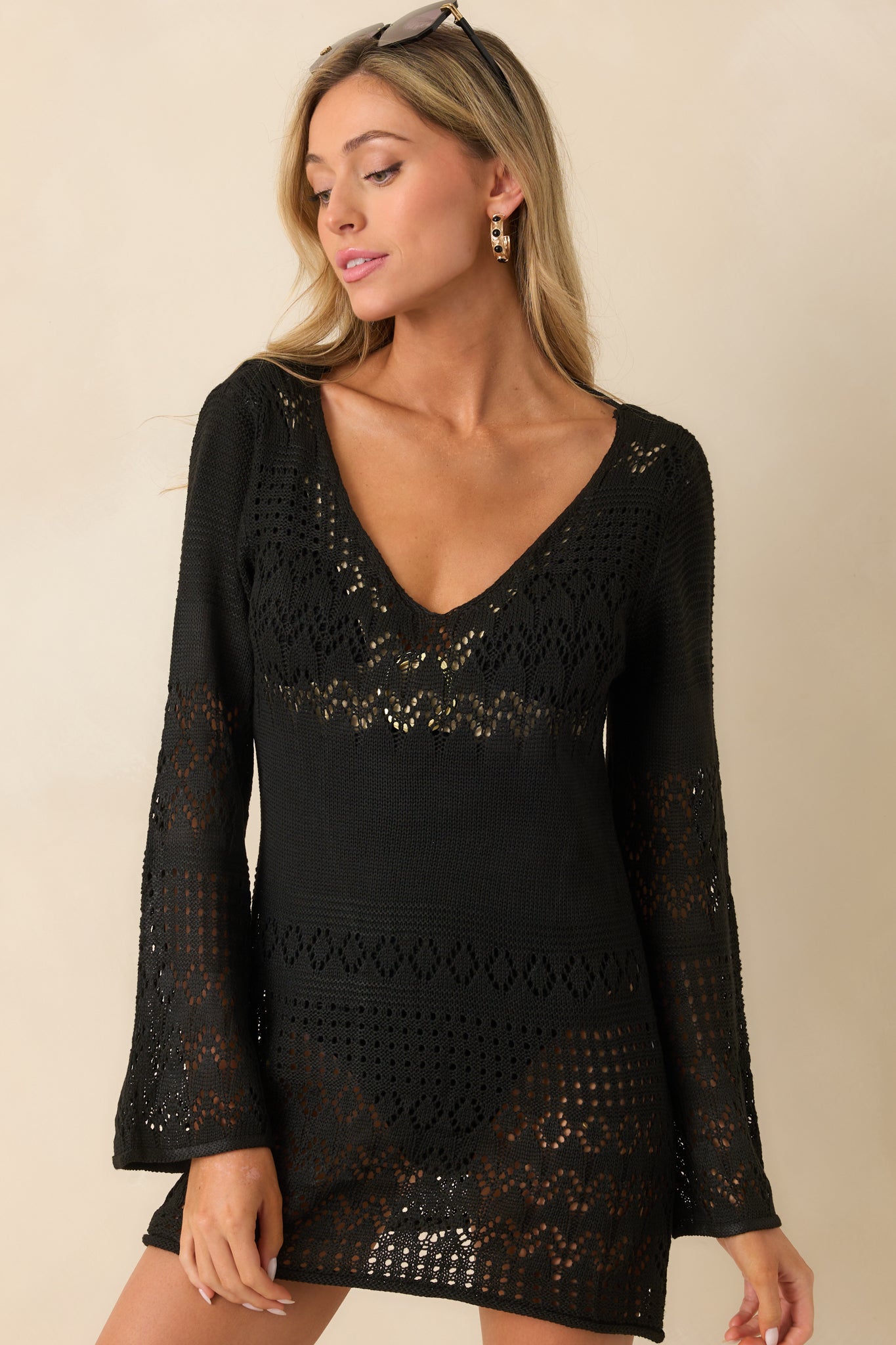 The Breeze In My Hair Black Open Knit Cover Up Mini Dress