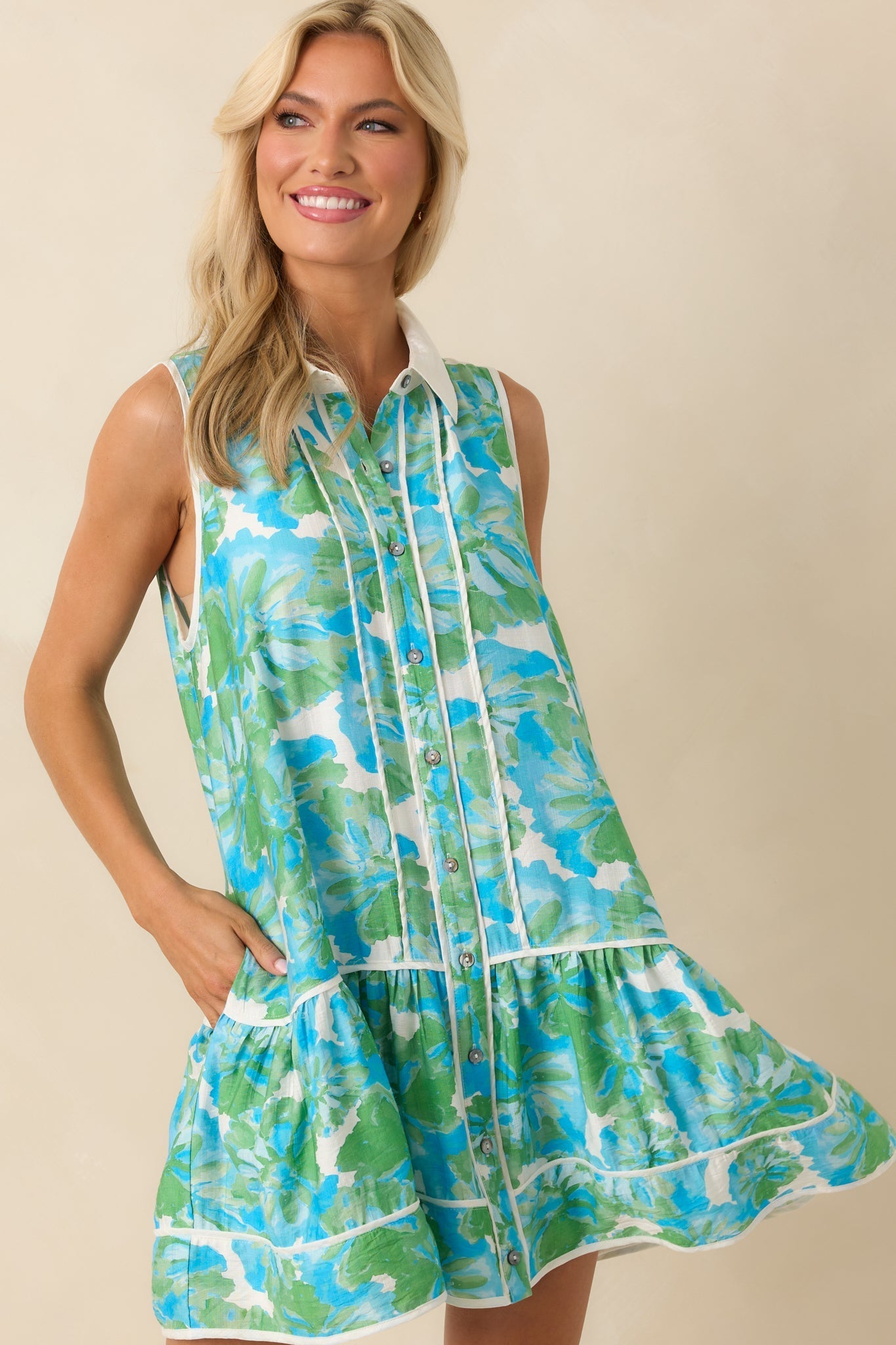 Good Things Coming Green Floral Print Mini Shirt Dress