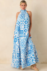 Prosperina Rebecca Blue Tile Print Cotton Halter Maxi Dress