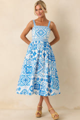 Prosperina Lydia Blue Tile Print Cotton Midi Dress