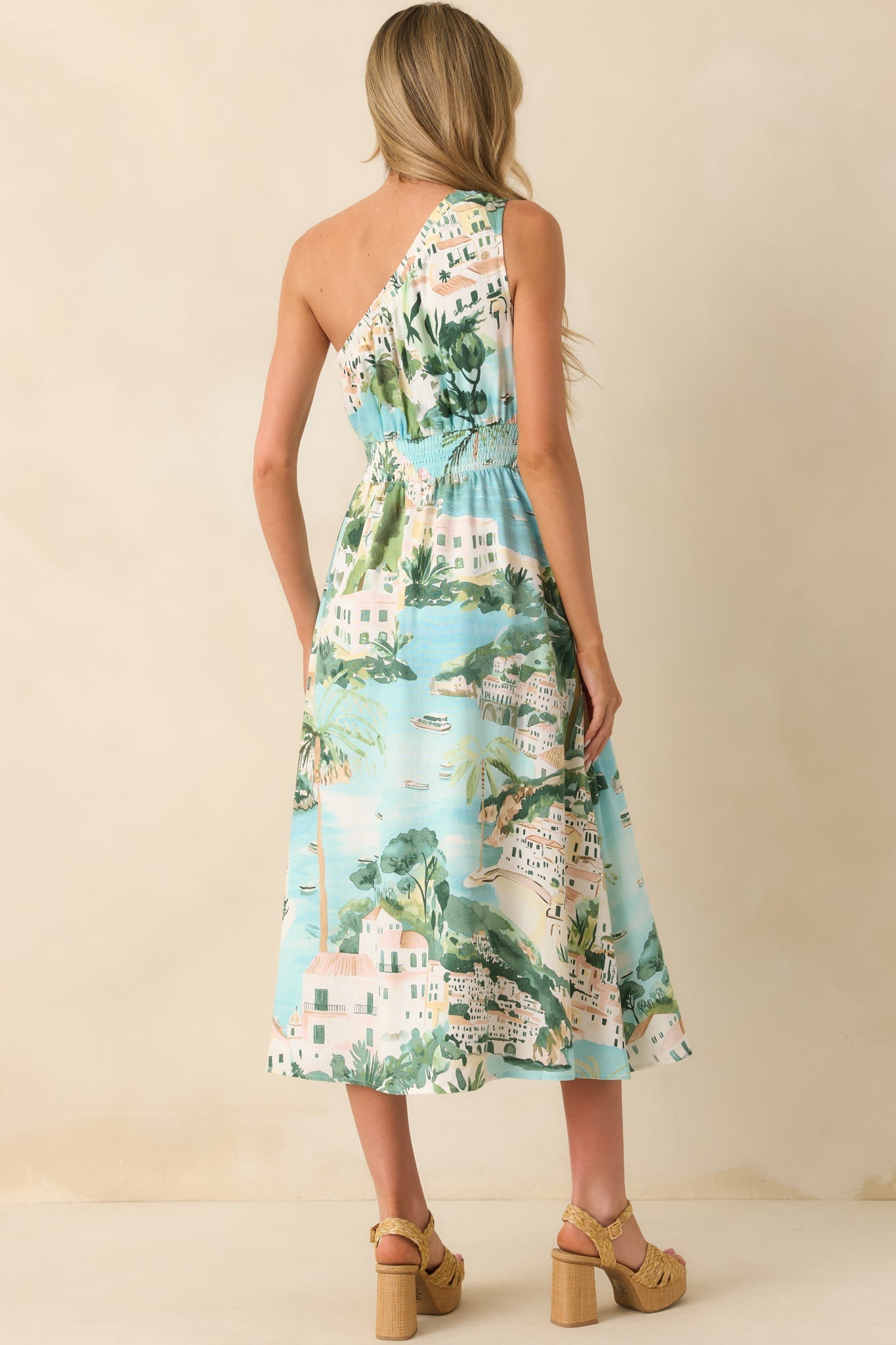 Made My Day Blue Multi Shoreline Print One Shoulder Midi Dress