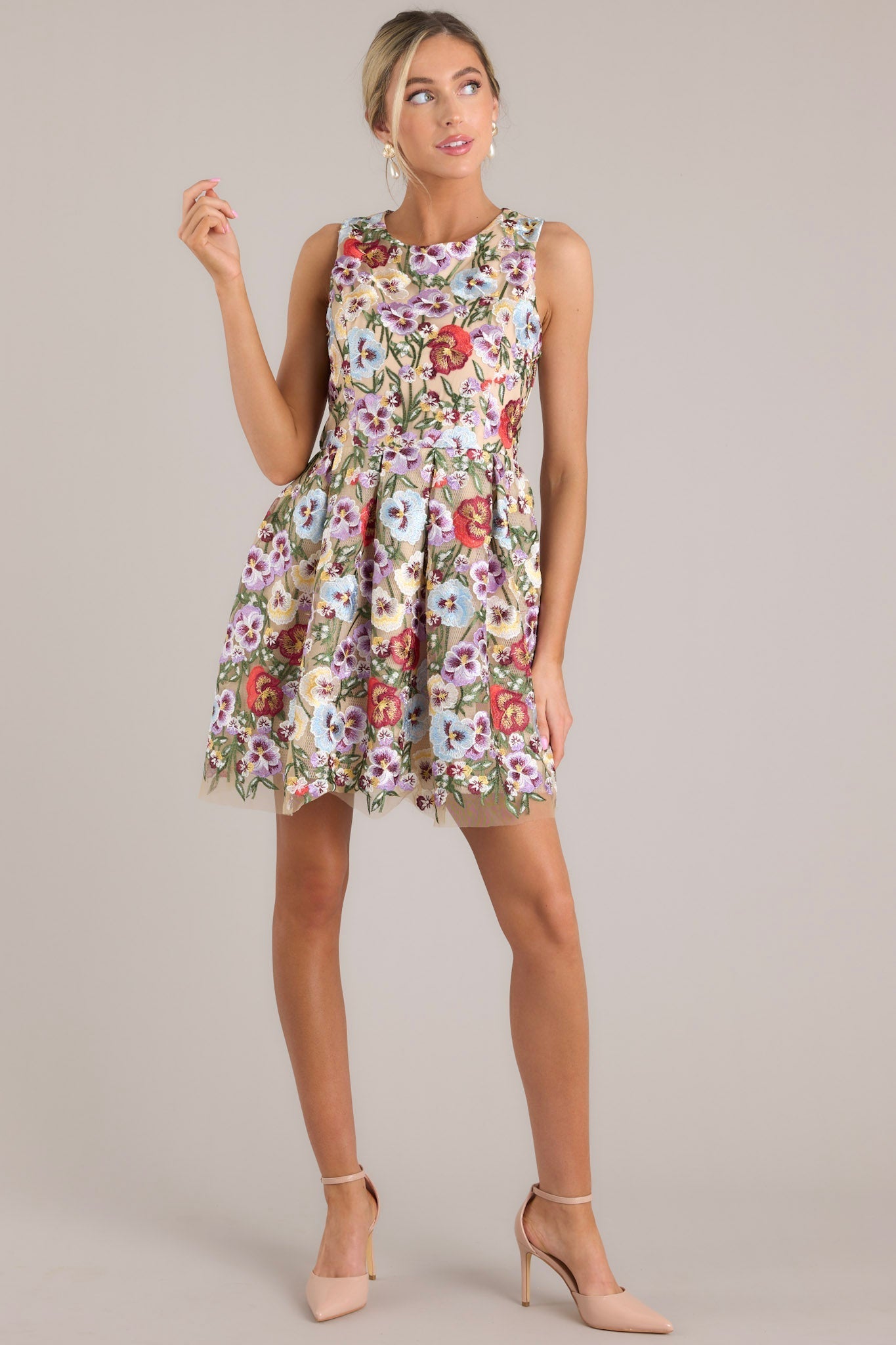 Garden Bloom Natural Floral Embroidered Mini Dress