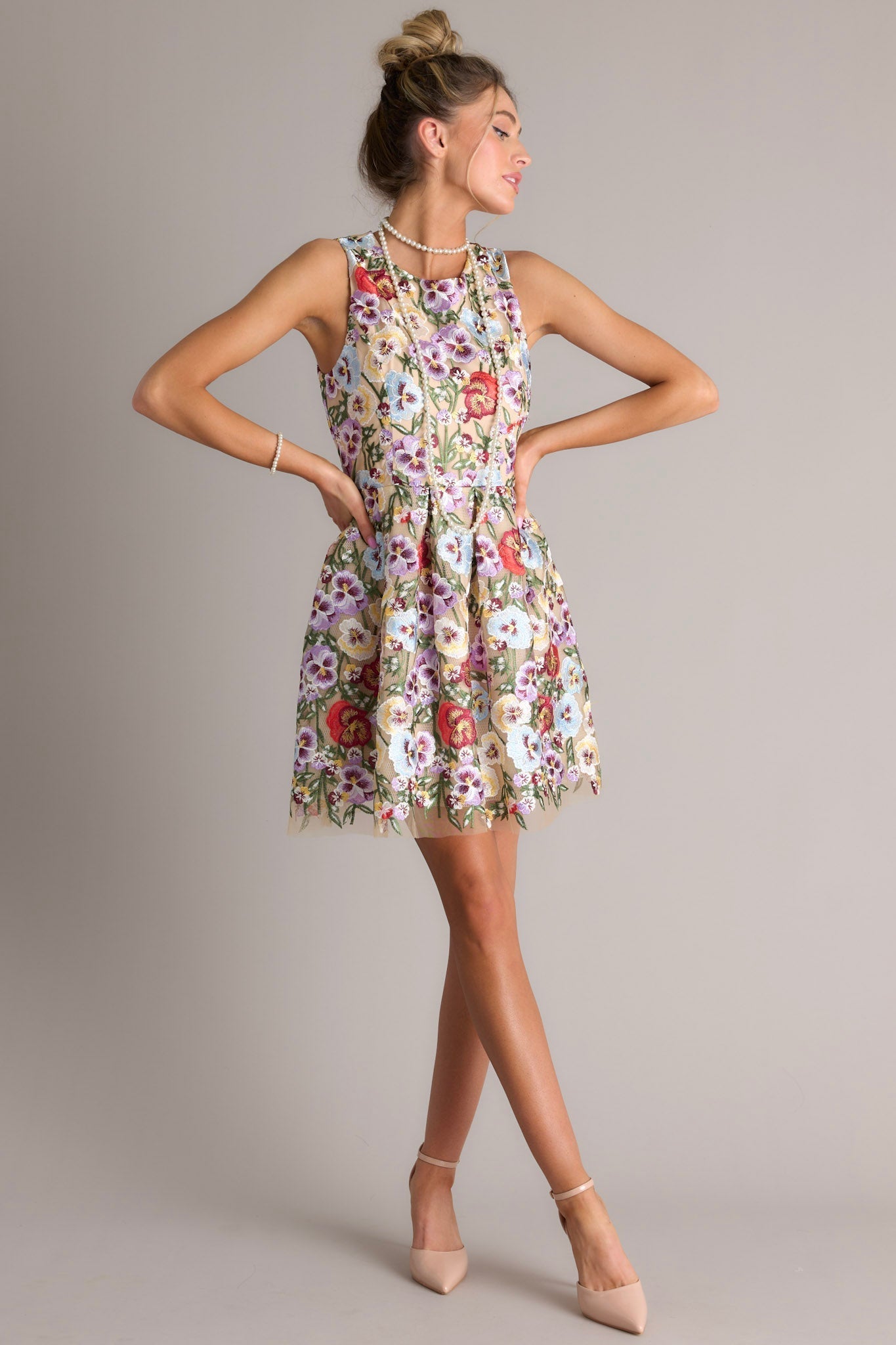 Garden Bloom Natural Floral Embroidered Mini Dress