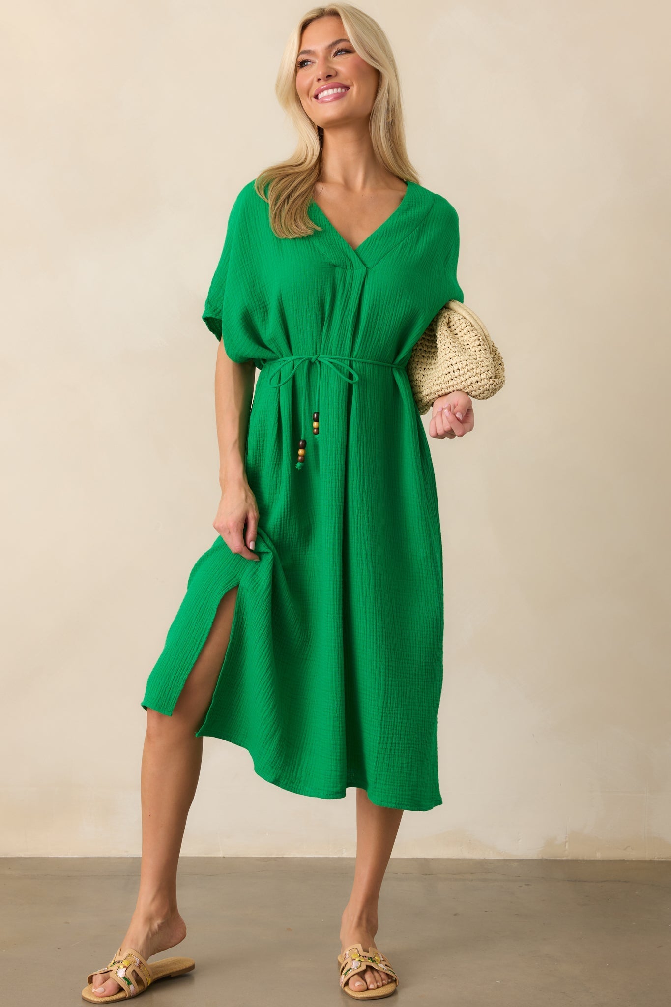 Living For Days Like This Green Rayon Gauze Kaftan Midi Dress