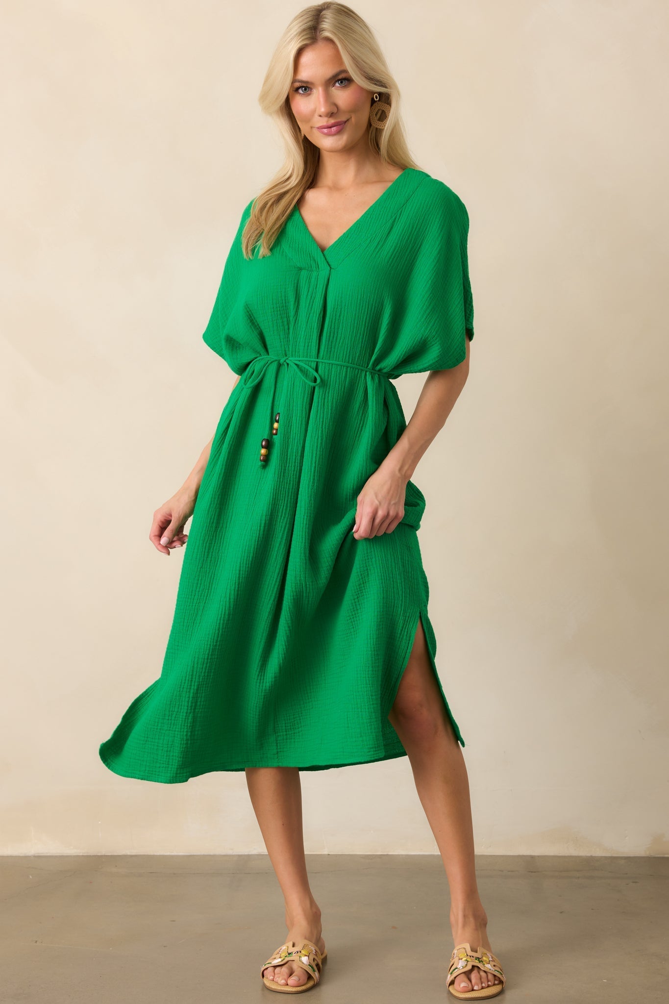 Living For Days Like This Green Rayon Gauze Kaftan Midi Dress