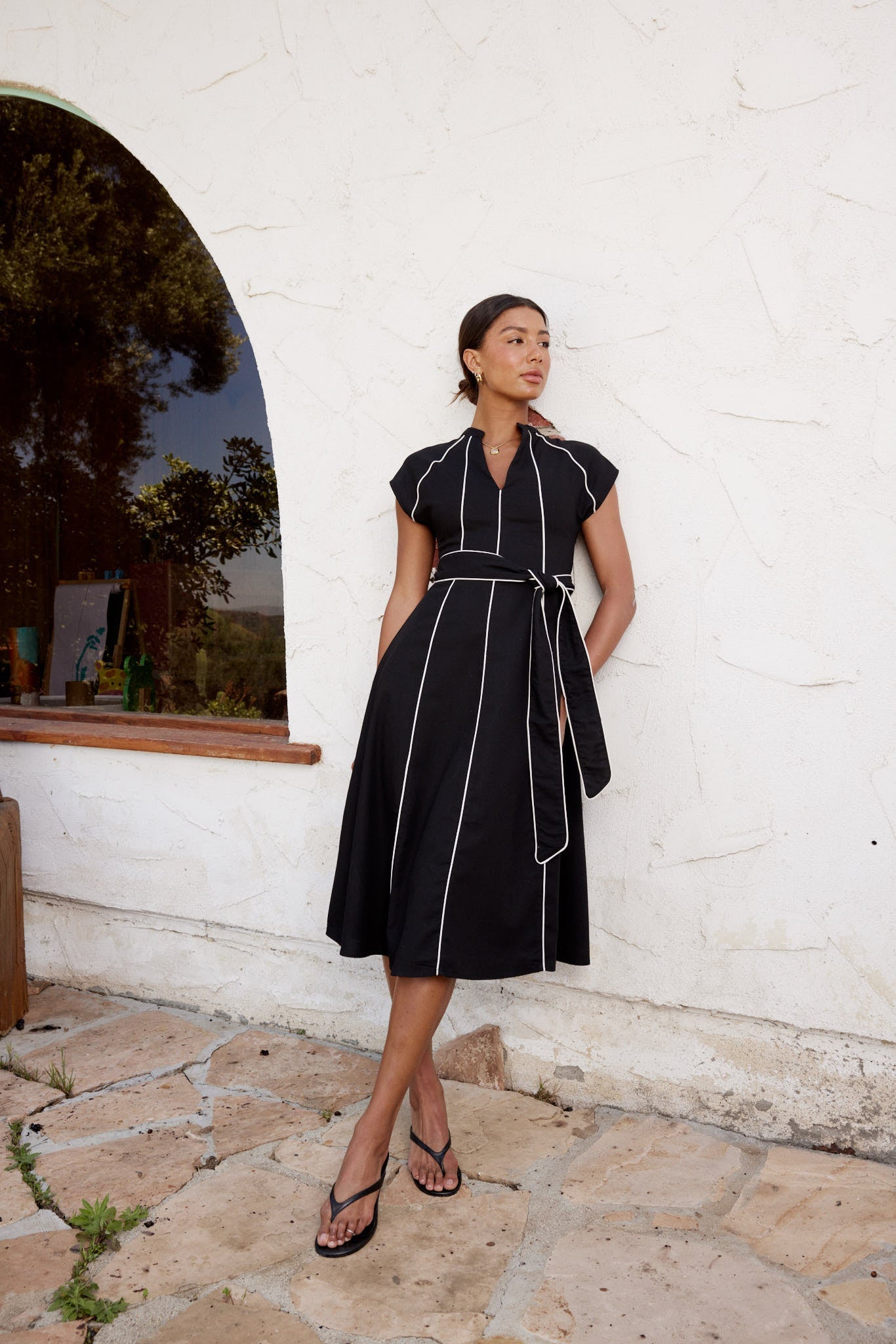 Edith Contrast Midi Dress in Black