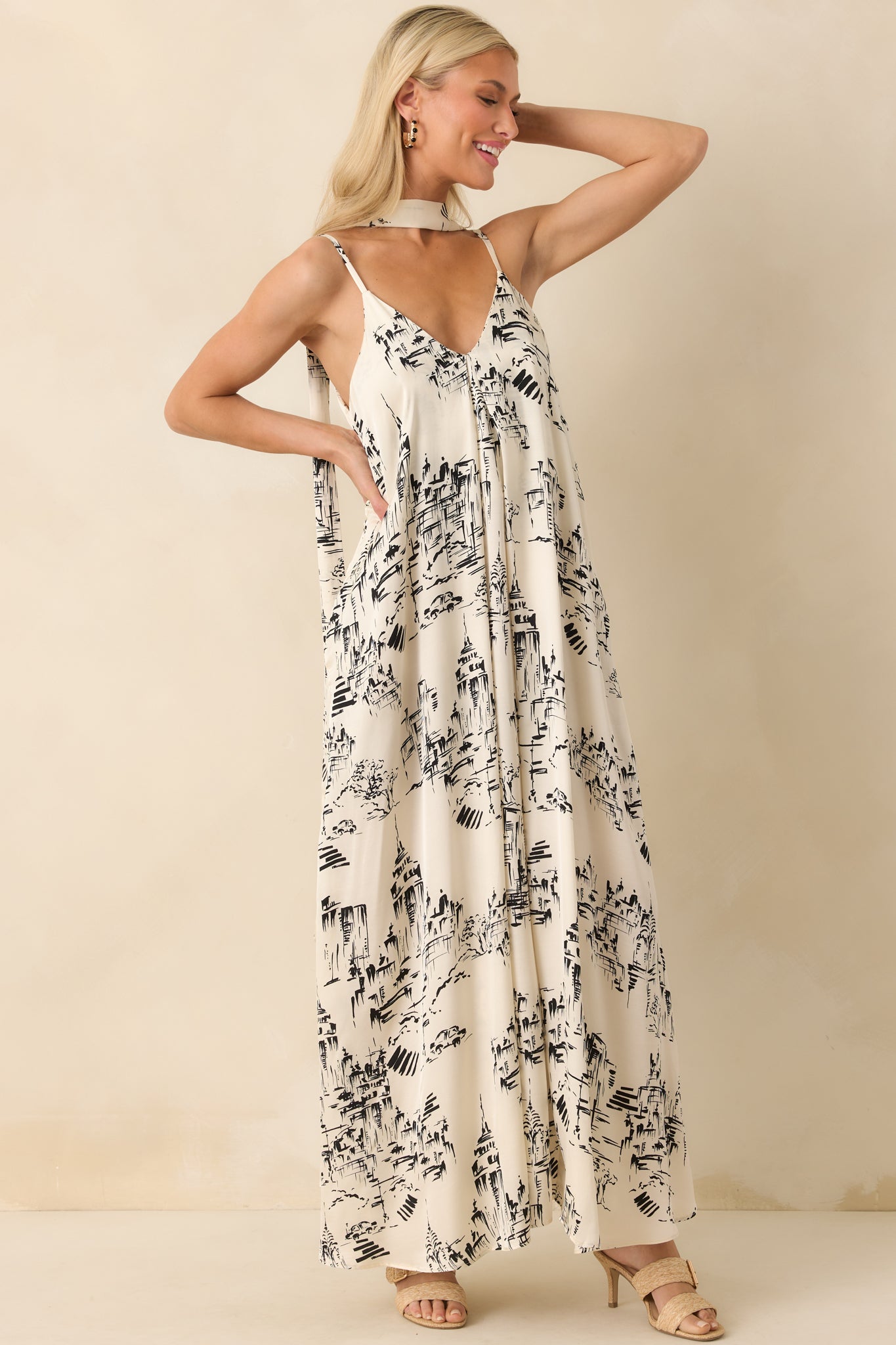 Nothing Ever Changed Ivory & Black Print Satin Maxi Dress