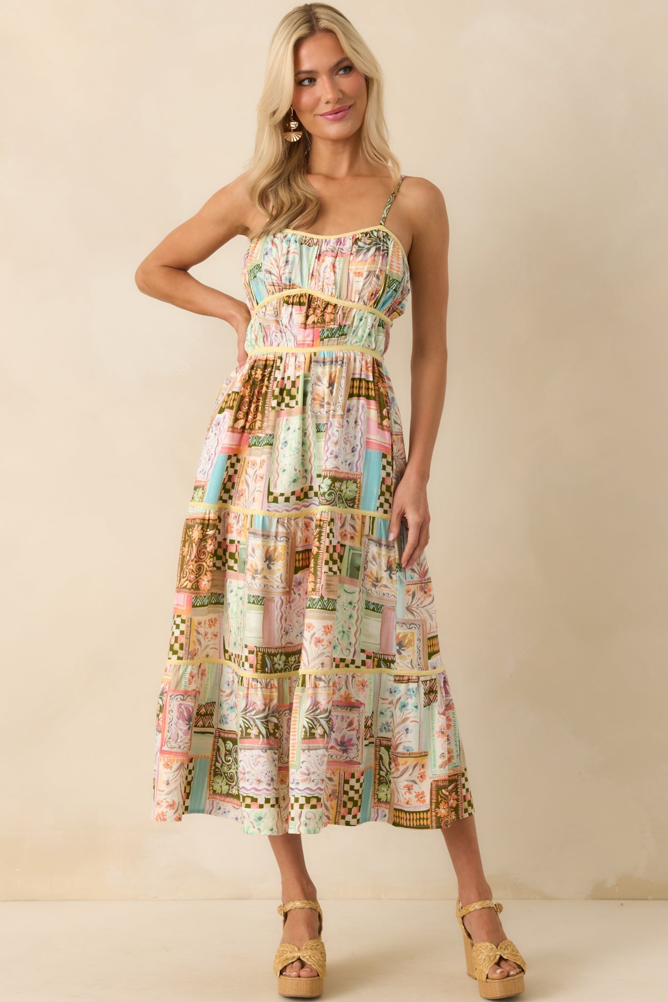 Had To Have It Light Green Multi Patchwork Linen Blend Maxi Dress