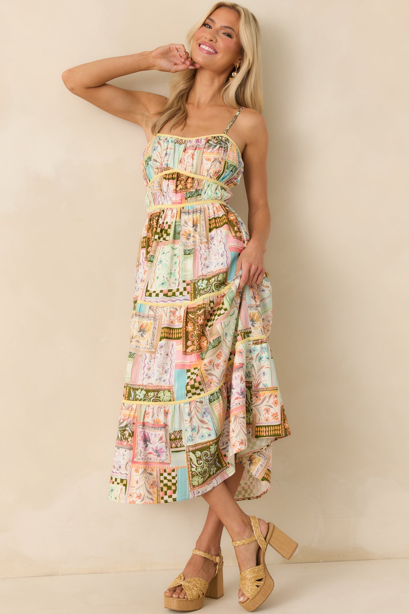 Had To Have It Light Green Multi Patchwork Linen Blend Maxi Dress