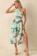 Made My Day Blue Multi Shoreline Print One Shoulder Midi Dress