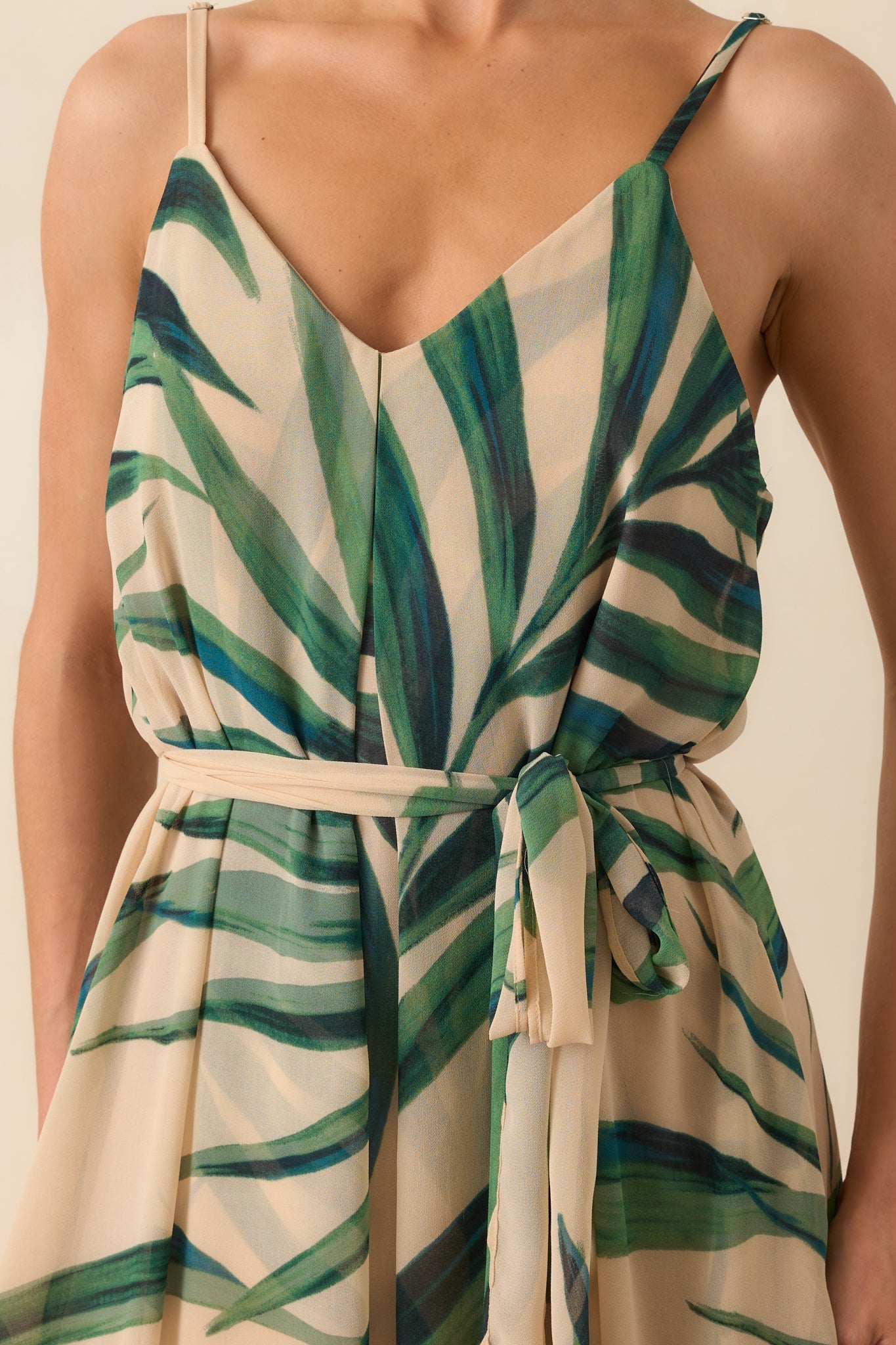 Better Than I Imagined Beige Palm Leaf Print Chiffon Maxi Dress