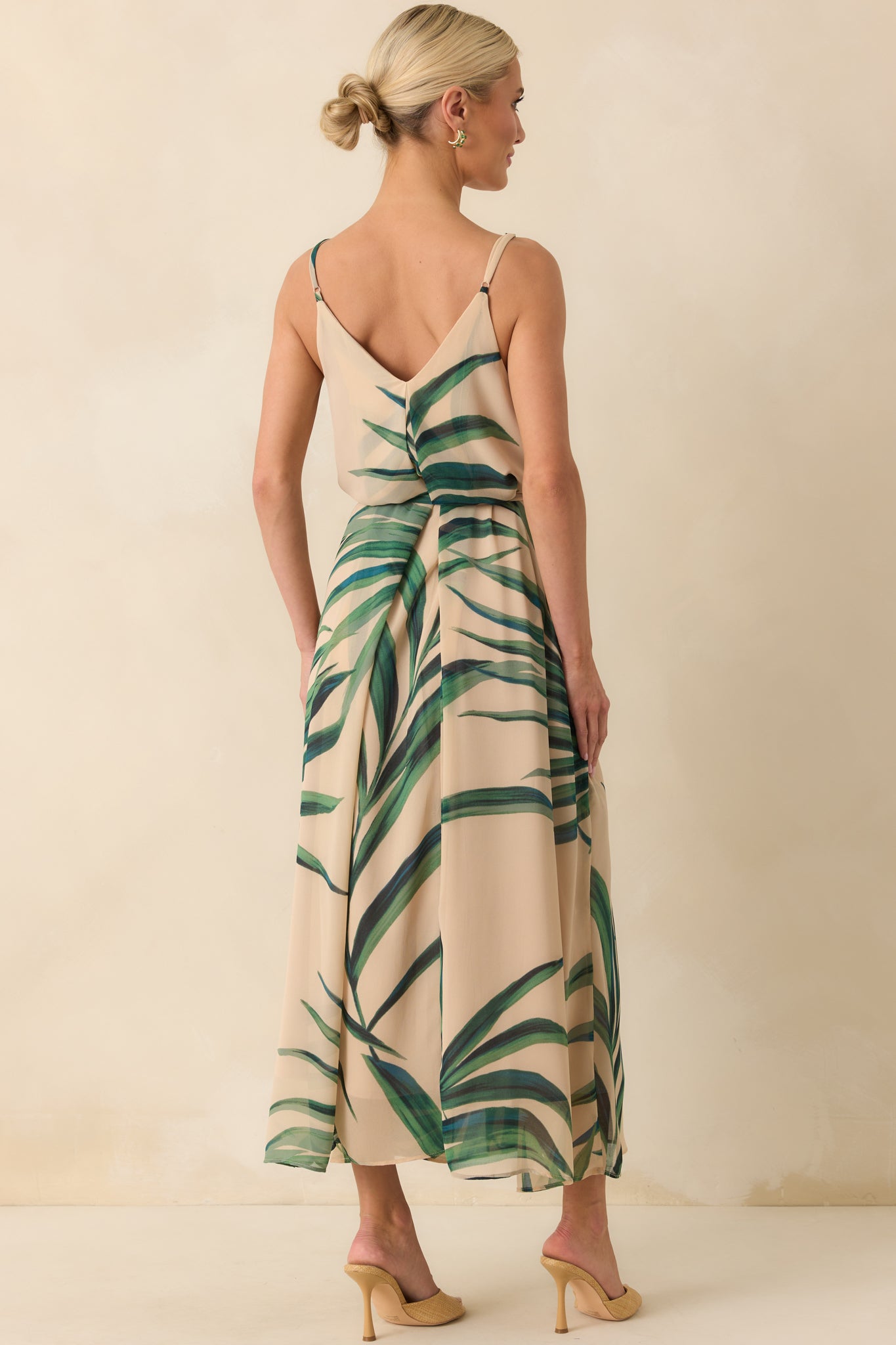 Better Than I Imagined Beige Palm Leaf Print Chiffon Maxi Dress
