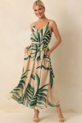 Better Than I Imagined Beige Palm Leaf Print Chiffon Maxi Dress