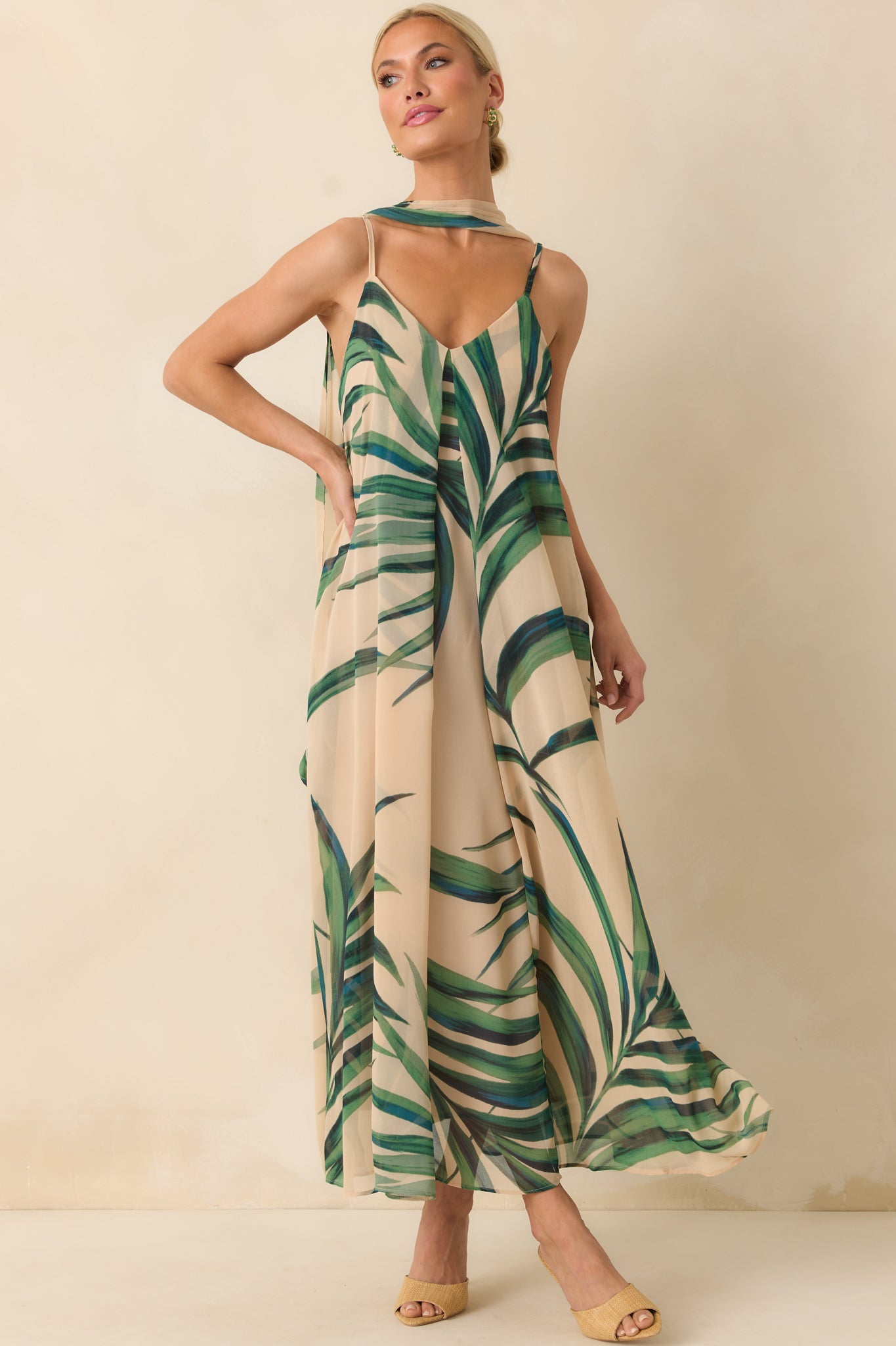 Better Than I Imagined Beige Palm Leaf Print Chiffon Maxi Dress