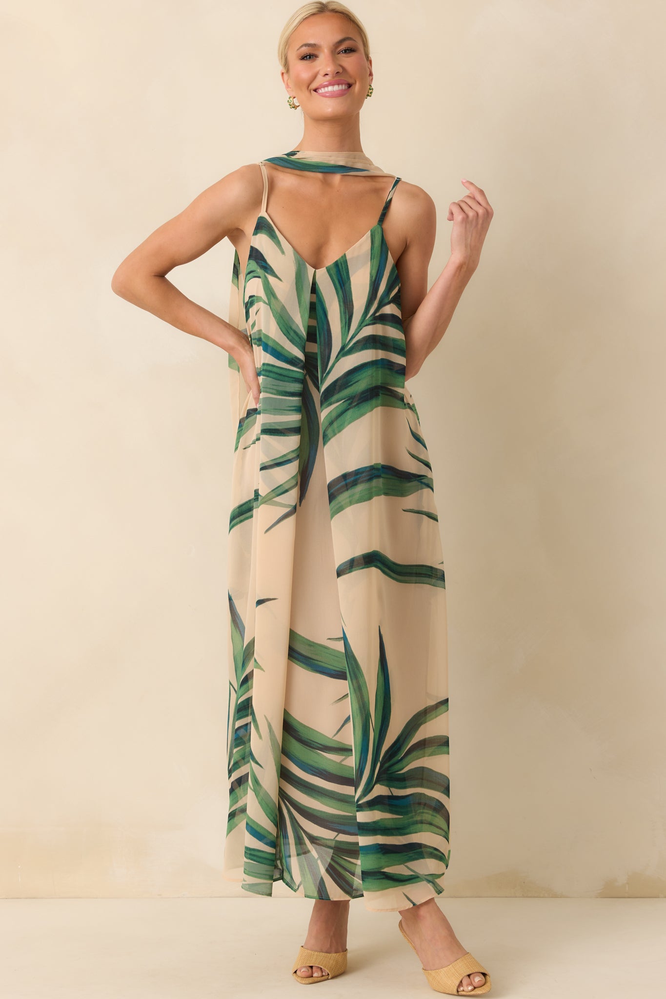 Better Than I Imagined Beige Palm Leaf Print Chiffon Maxi Dress