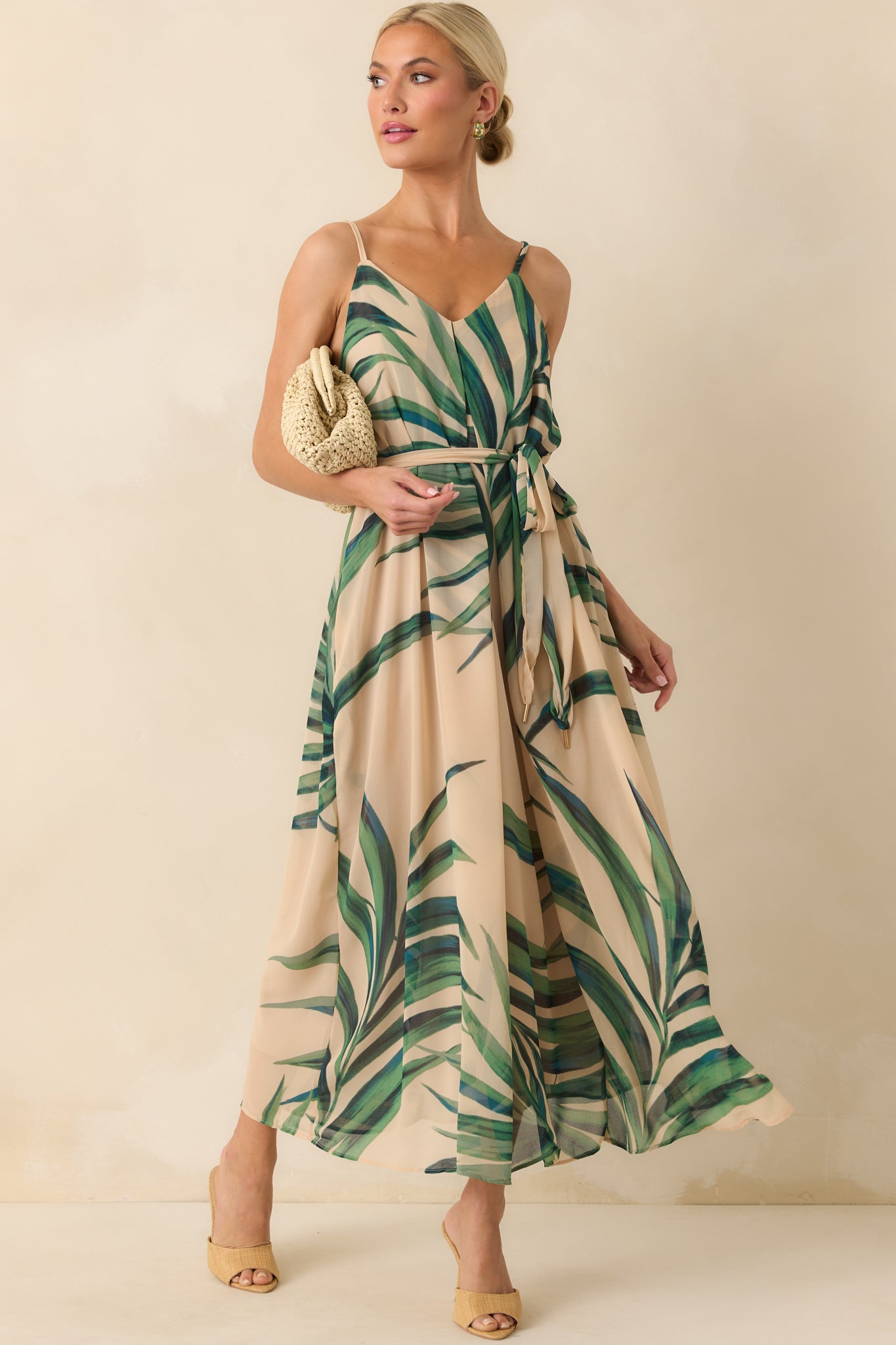 Better Than I Imagined Beige Palm Leaf Print Chiffon Maxi Dress