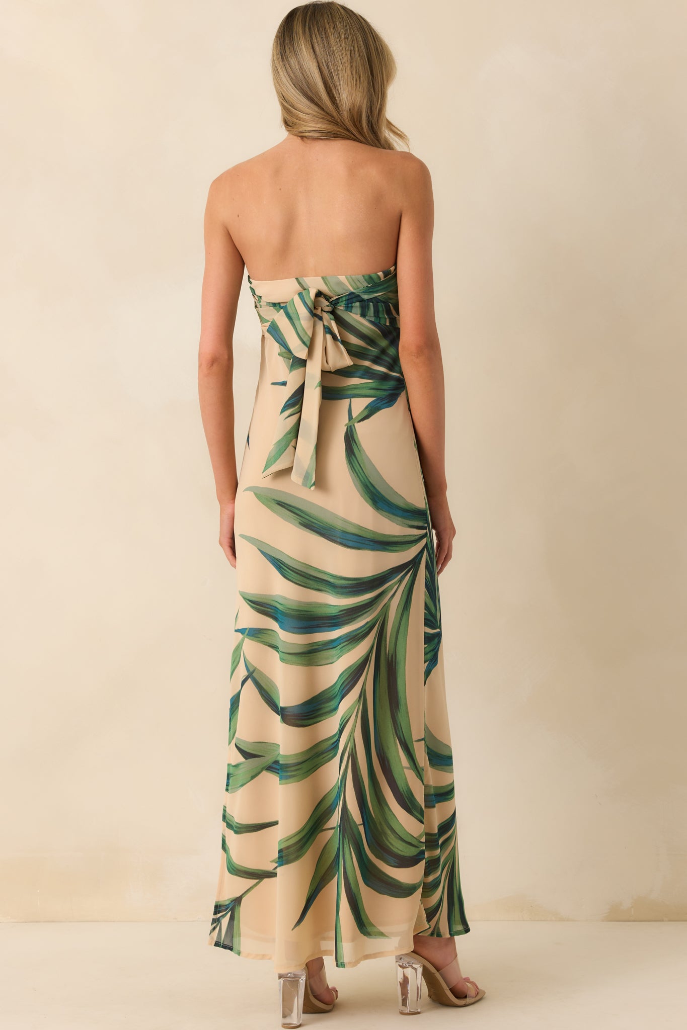 Finding The Way Beige Palm Leaf Print Strapless Chiffon Maxi Dress
