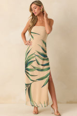 Finding The Way Beige Palm Leaf Print Strapless Chiffon Maxi Dress