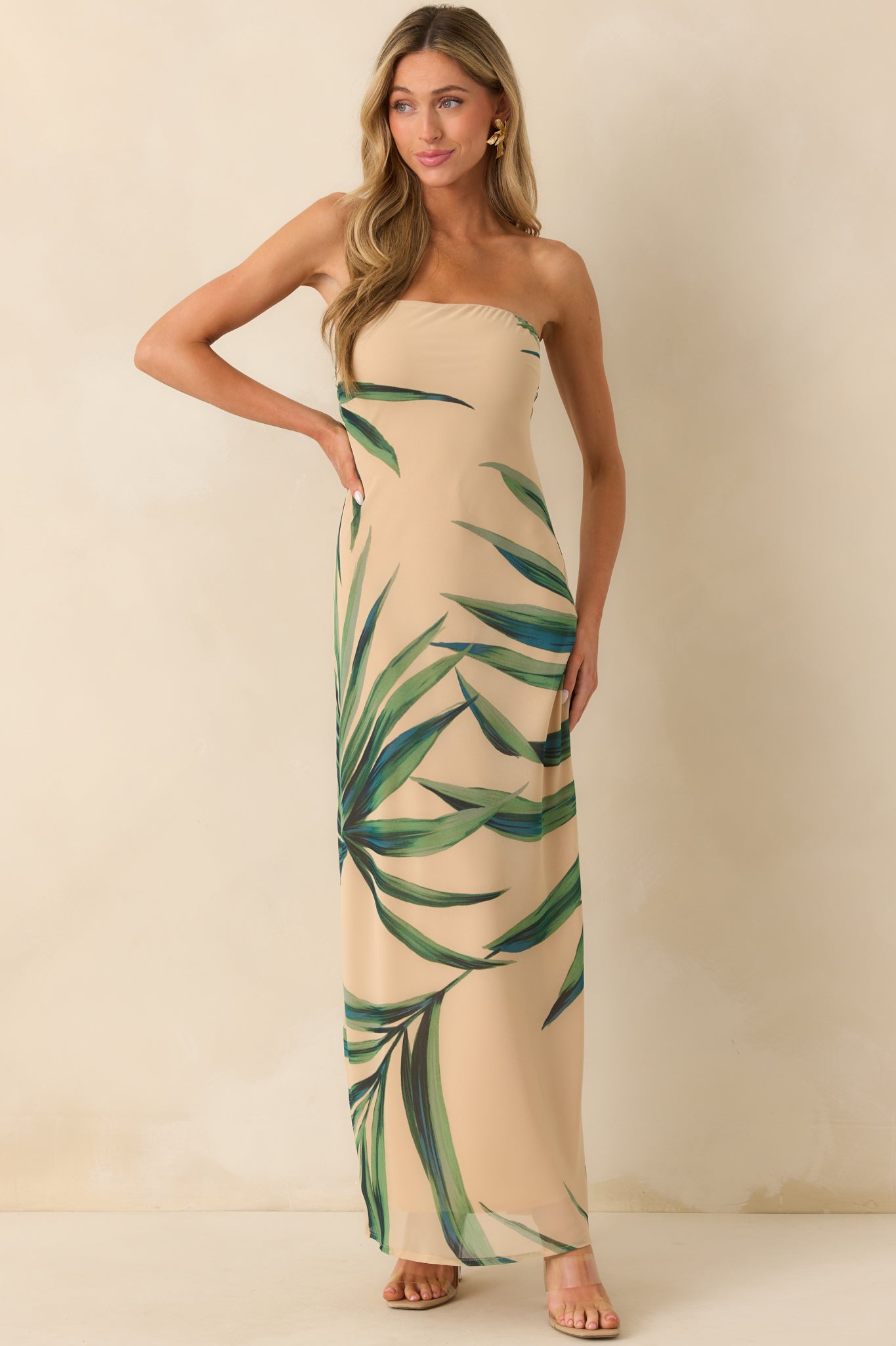 Finding The Way Beige Palm Leaf Print Strapless Chiffon Maxi Dress