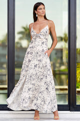 Just Fell Into Place Ivory Tropical Print Linen Blend Maxi Dress